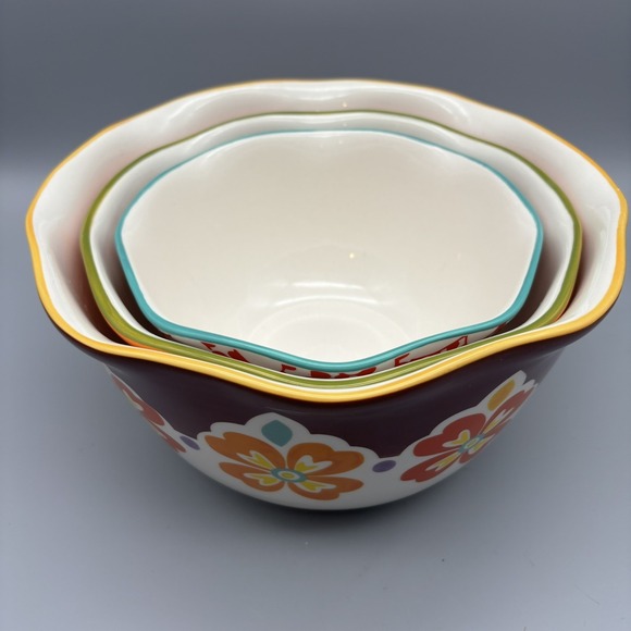 Pioneer Woman Bowls Orange Polka Dot Brown Red Design Fall Ceramic Set 3 - Picture 9 of 11